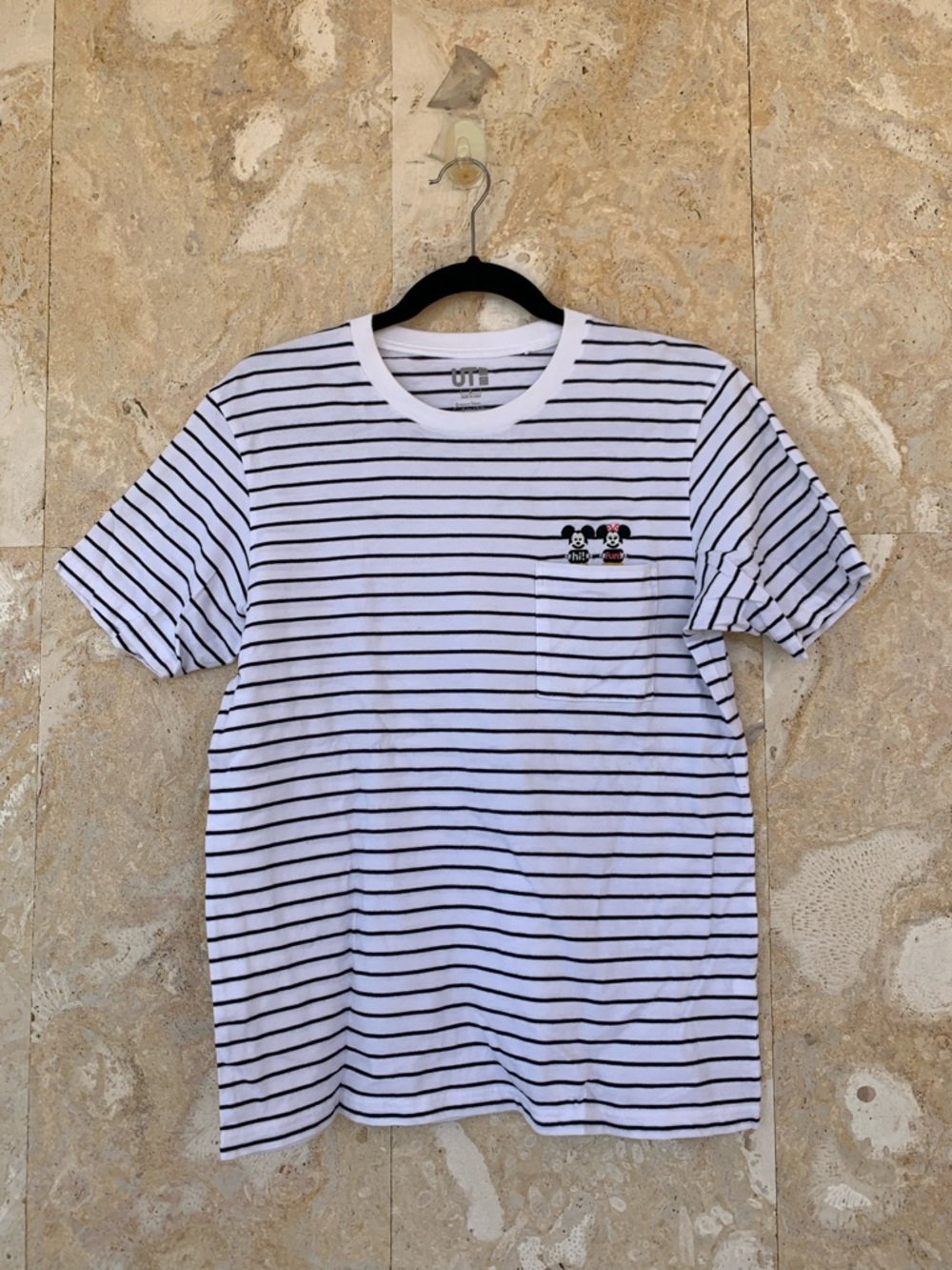 Uniqlo White & Black Striped Pocket Tee with Mickey & Minnie Embroidery - Picture 2 of 11